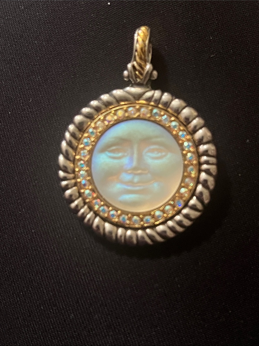 Moon Face Pendant Necklace in Iridescent Blue-White with Two-Tone Frame